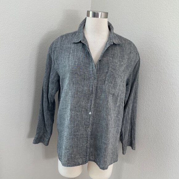 J Jill Love Linen Womens Medium Gray 100% Linen Button Up Shirt Long Sleeve Top - Picture 1 of 11